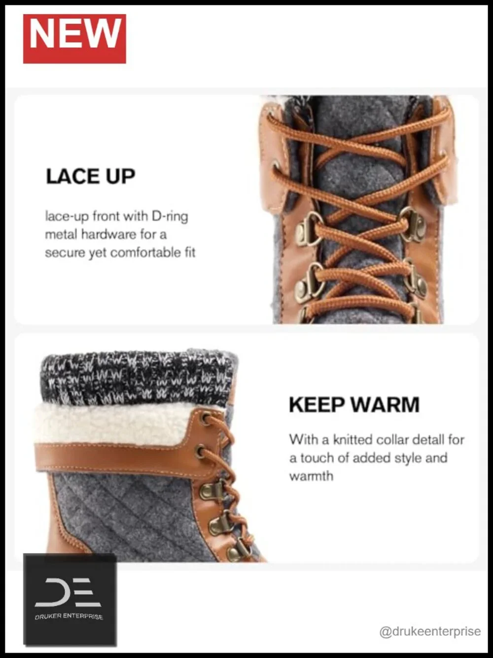 Waterproof Snow Boots with Buckle Straps - Faux Leather, Foldable, Lace-Up,